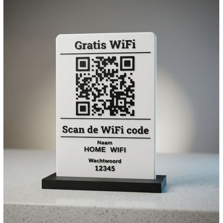 WiFi QR-codebord op Maat met Tafelstandaard – 3D-geprint Bordje voor Eenvoudig Inloggen